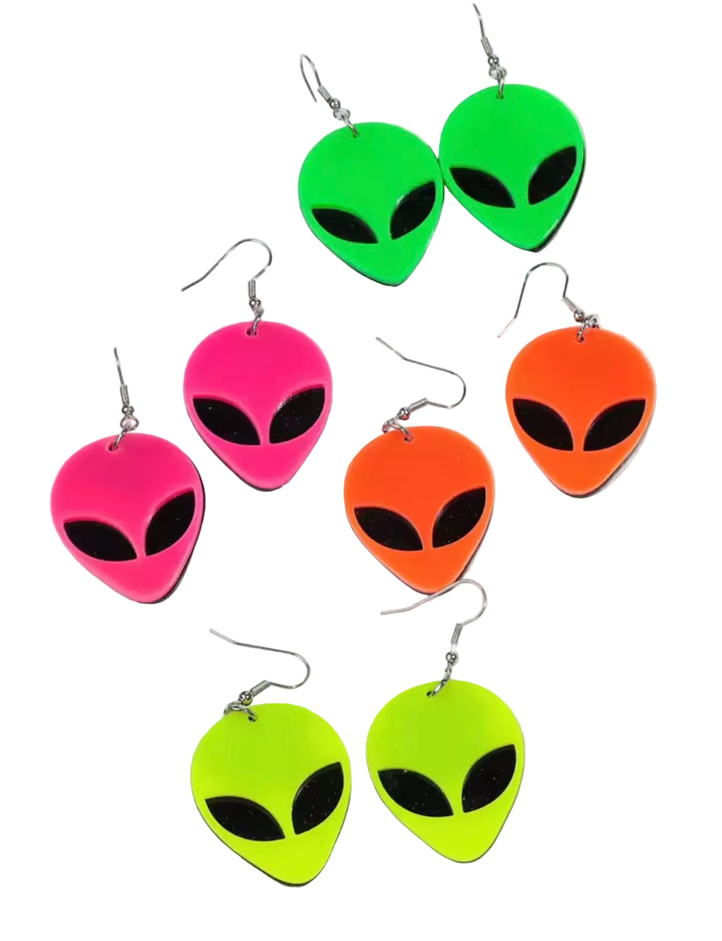 Set of colorful alien-shaped earrings on a white background